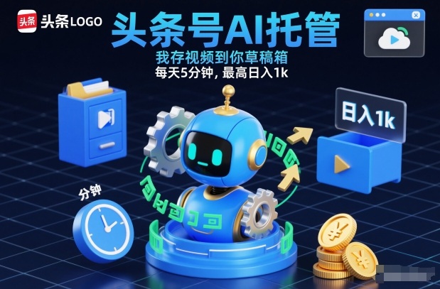 头条号AI托管，我存视频到你草稿箱，每天5分钟，最高日入1k【揭秘】-淘金阁网创