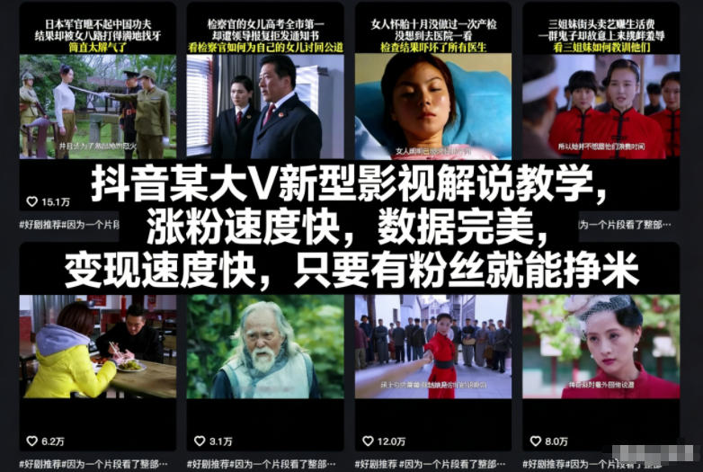 抖音某大V新型影视解说教学，涨粉速度快，数据完美，变现速度快，只要有粉丝就能挣米-淘金阁网创