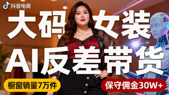 抖音小众赛道,大码女装AI反差带货,不用直播,每天6条作品,橱窗卖7万件,保守佣金30W+-淘金阁网创