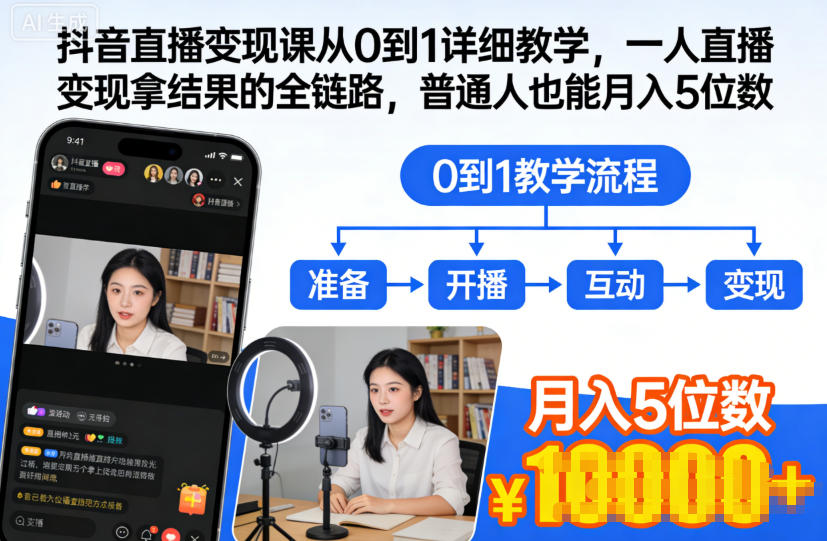 抖音直播变现课从0到1详细教学,一人直播变现拿结果的全链路,普通人也能月入5位数-淘金阁网创