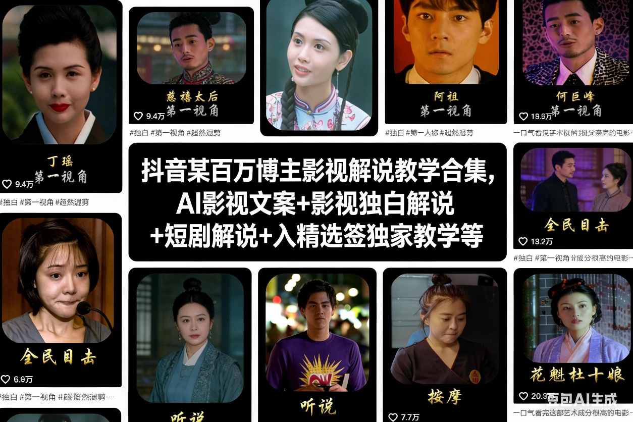 抖音某百万博主影视解说教学合集，AI影视文案+影视独白解说+短剧解说+入精选签独家教学等-淘金阁网创