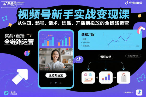 视频号新手实战变现课,从认知、起号、话术、选品、开播到投放的全链路运营-淘金阁网创