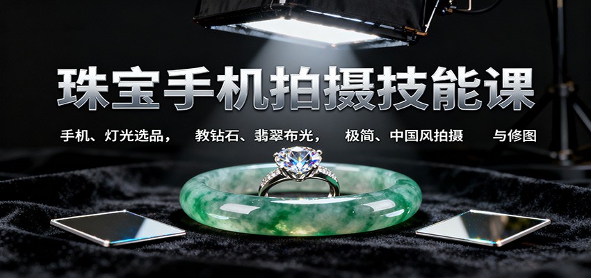 珠宝手机拍摄技能课:手机、 灯光选品,教钻石、翡翠布光,极简、中国风拍摄与修图-淘金阁网创