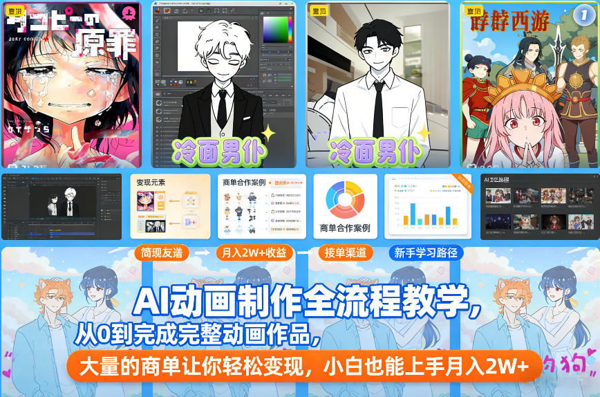 AI动画制作全流程教学，从0到完成完整动画作品，大量的商单让你轻松变现，小白也能上手月入2W+-淘金阁网创