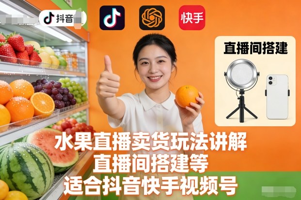 水果直播卖货玩法讲解、直播间搭建等，适合抖音快手视频号-淘金阁网创