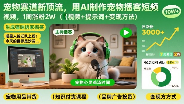 宠物赛道新顶流,用AI制作宠物播客短视频,1周涨粉2W(视频+提示词+变现方法)-淘金阁网创