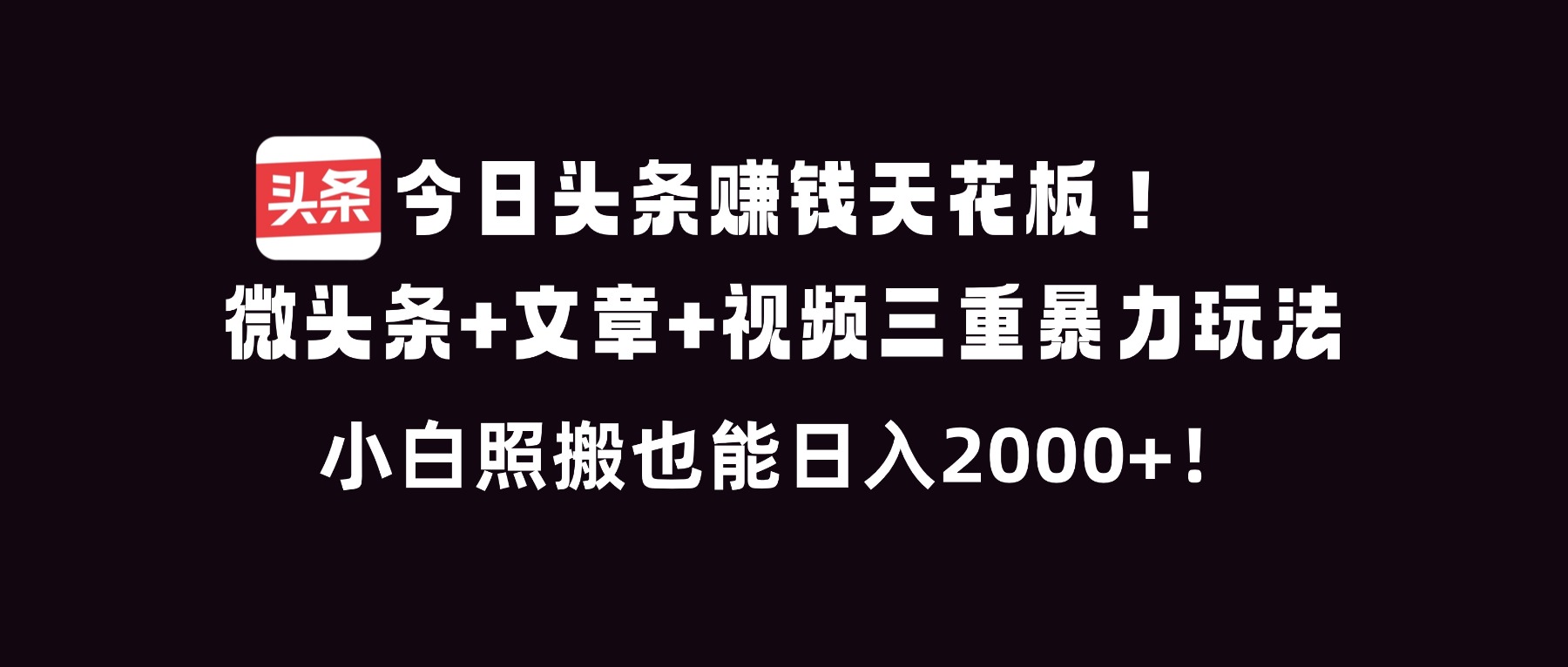 今日头条赚钱天花板！微头条+文章+视频三重暴利玩法，小白照搬也能日人2000+-淘金阁网创