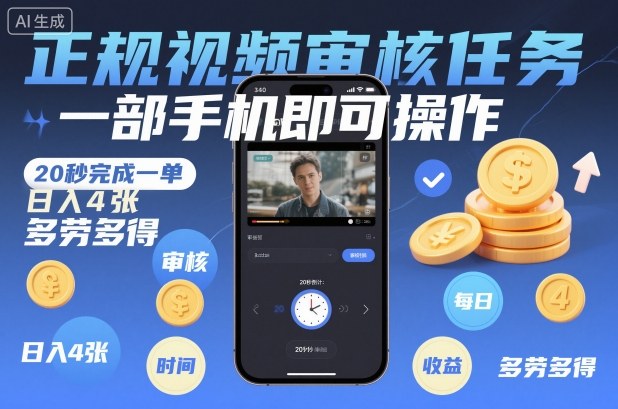 正规视频审核任务,一部手机即可操作,20秒完成一单,日入4张,多劳多得【揭秘】-淘金阁网创