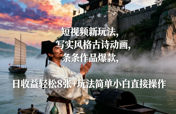短视频新玩法，写实风格古诗动画，条条作品爆款，日收益轻松8张+玩法简单小白直接操作-淘金阁网创
