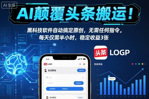 AI颠覆头条搬运!黑科技软件自动搞定原创,无需任何指令。每天仅需半小时,稳定收益3张【揭秘】-淘金阁网创