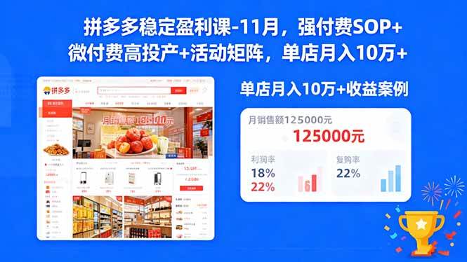 (16473期)拼多多稳定盈利课-11月,强付费SOP+微付费高投产+活动矩阵,单店月入10万+-淘金阁网创