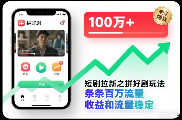 短剧拉新之拼好剧玩法，条条百万流量，收益和流量稳定-淘金阁网创