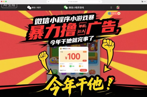 微信小程序小游戏暴力撸广告,单机日入100,今年干他就完事了-淘金阁网创