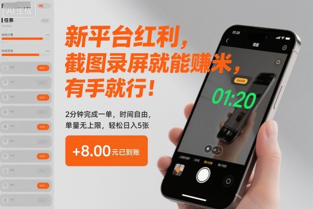 新平台红利,截图录屏就能賺米,有手就行!2分钟完成一单,时间自由,单量无上限,轻松日入5张【揭秘】-淘金阁网创
