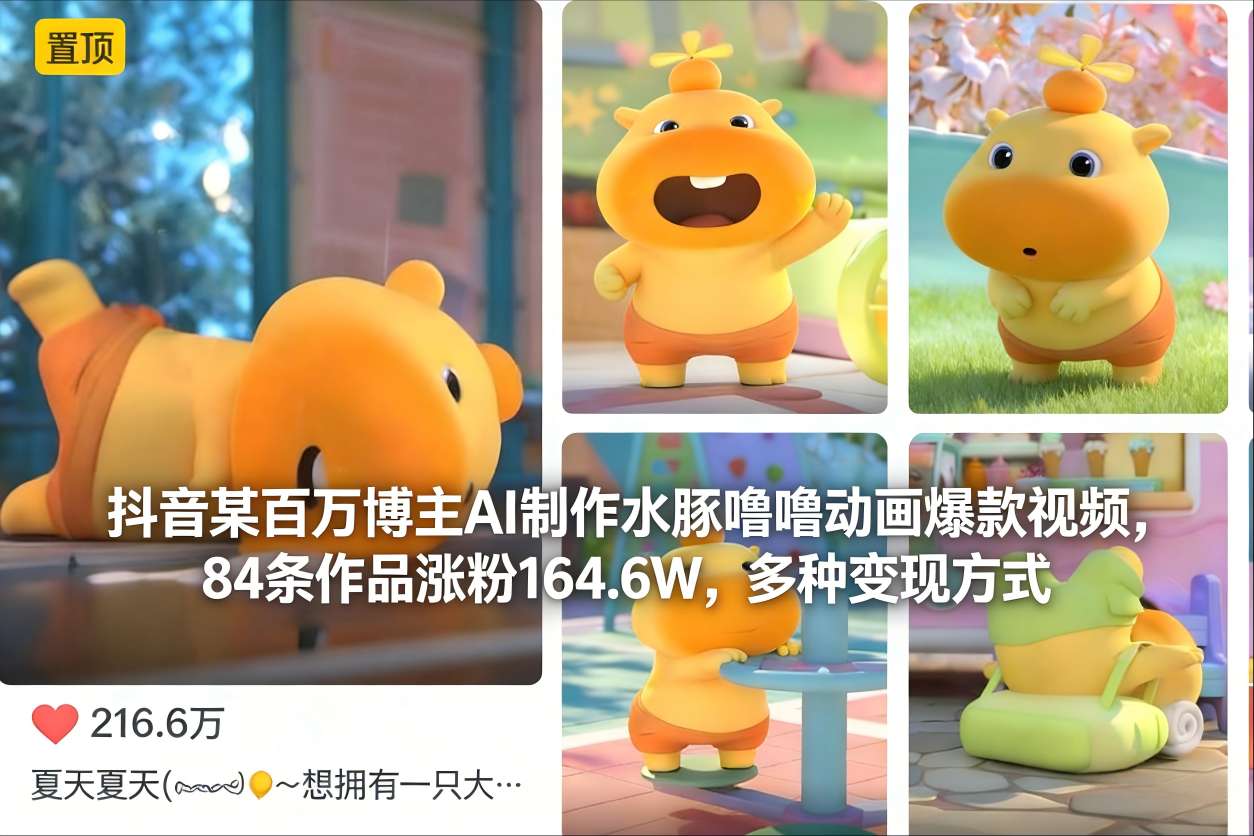 抖音某百万博主AI制作水豚噜噜动画爆款视频，84条作品涨粉164.6W，多种变现方式-淘金阁网创